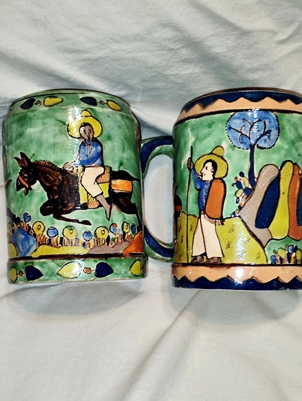 2 X 42Hand-Painted Talavera Ceramic Mugs in Green & Blue